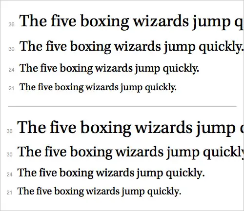 Ниспадающие предложения с Typekit. Наверху: Kepler Standard от Adobe. Внизу: Utopia Standard от Adobe. Оба шрифта – это serif со слегка овальной чашеобразной частью (посмотрите на форму «о») и сильным контрастом между толстыми и тонкими штрихами. Для неподготовленного глаза они выглядят практически одинаково. Ха, да они выглядят так даже для тренированного глаза!